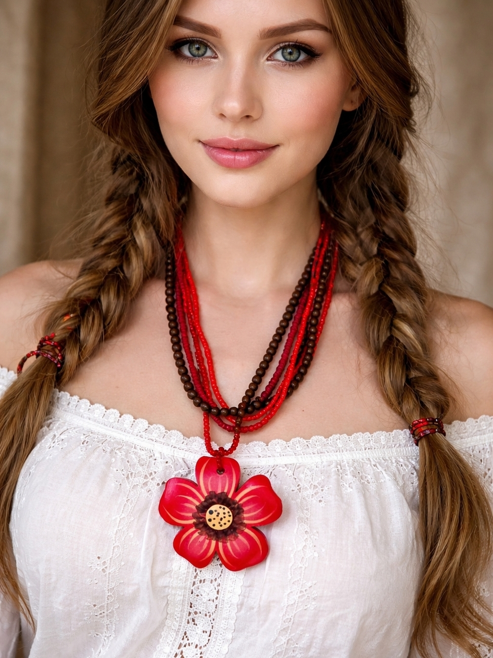 Handcrafted Wooden Red Flower Pendant Multi-Strand Necklace - Women Jewelry